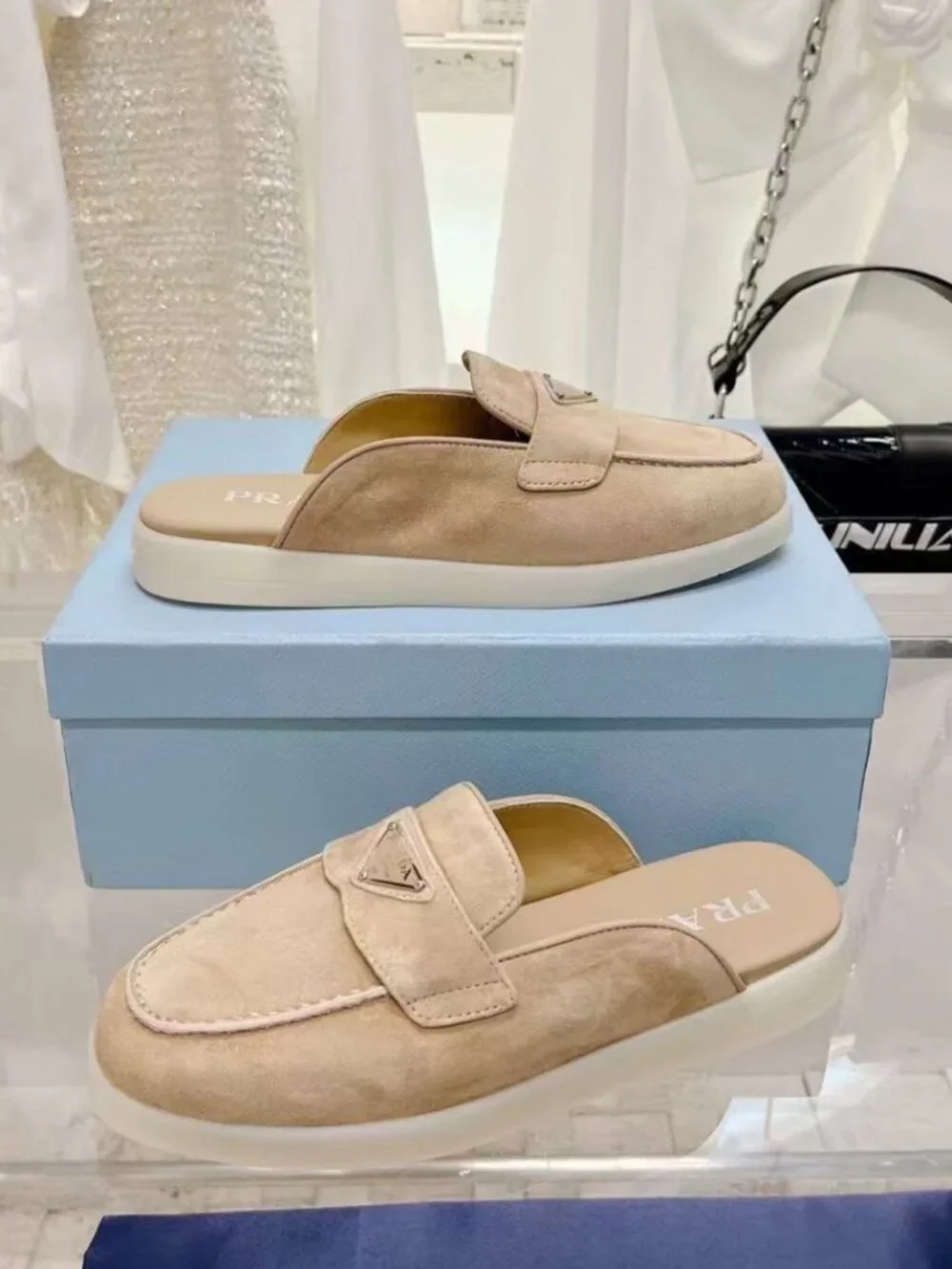 PRADA Beige Suede Triangle Logo Mule Slides